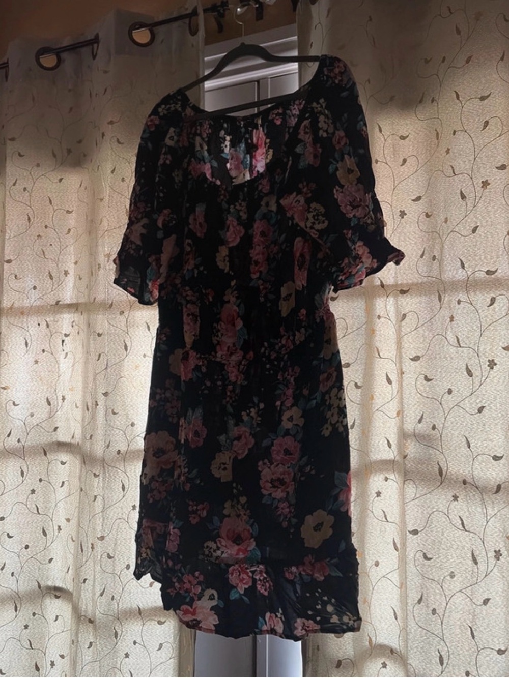 New Look Black Floral Midi Dress with Pink & Cream Blooms